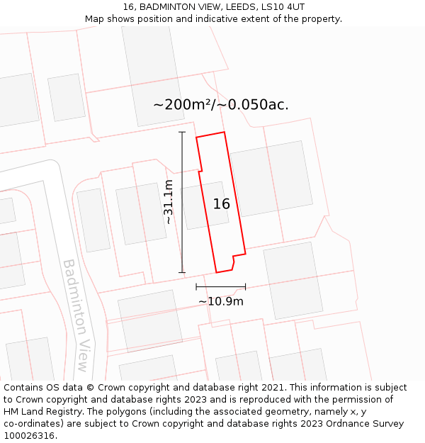 16, BADMINTON VIEW, LEEDS, LS10 4UT: Plot and title map