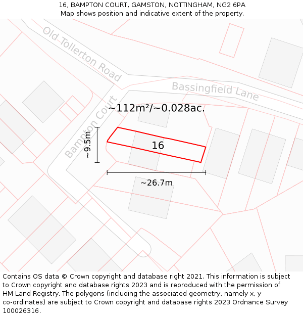 16, BAMPTON COURT, GAMSTON, NOTTINGHAM, NG2 6PA: Plot and title map