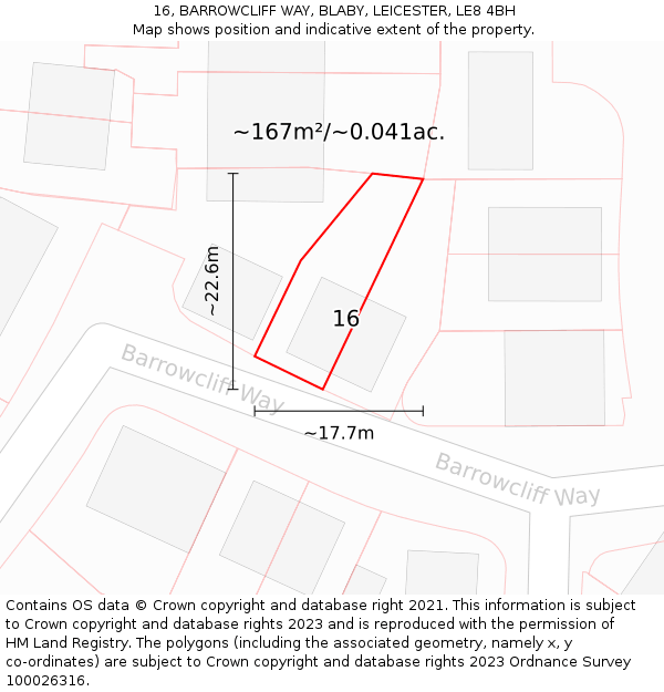 16, BARROWCLIFF WAY, BLABY, LEICESTER, LE8 4BH: Plot and title map