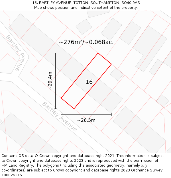 16, BARTLEY AVENUE, TOTTON, SOUTHAMPTON, SO40 9AS: Plot and title map