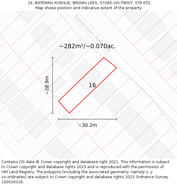 16, BATEMAN AVENUE, BROWN LEES, STOKE-ON-TRENT, ST8 6TD: Plot and title map