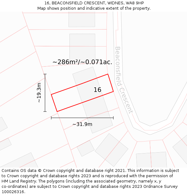 16, BEACONSFIELD CRESCENT, WIDNES, WA8 9HP: Plot and title map