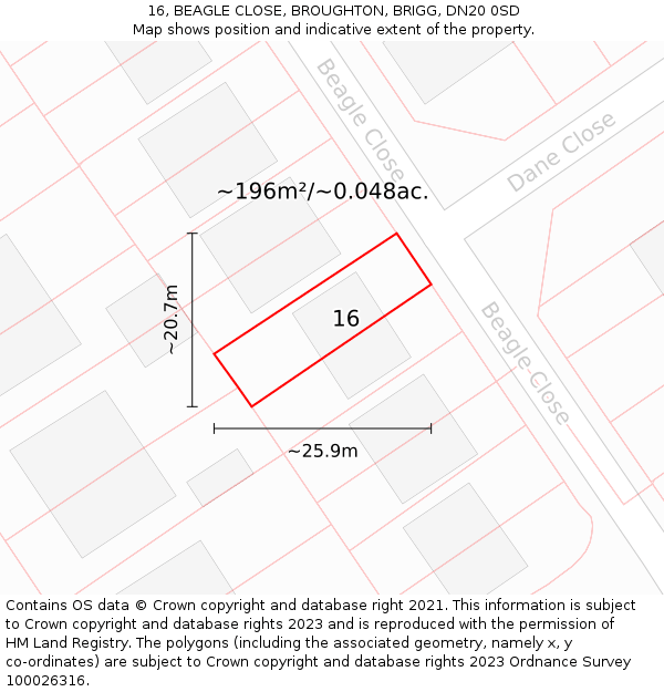 16, BEAGLE CLOSE, BROUGHTON, BRIGG, DN20 0SD: Plot and title map