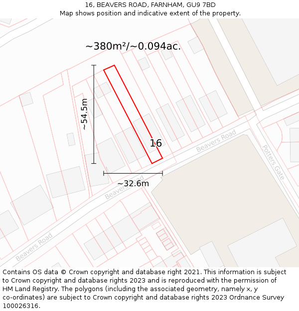 16, BEAVERS ROAD, FARNHAM, GU9 7BD: Plot and title map