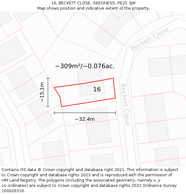 16, BECKETT CLOSE, SKEGNESS, PE25 3JW: Plot and title map