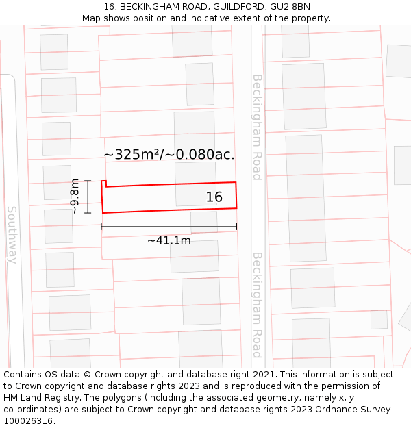 16, BECKINGHAM ROAD, GUILDFORD, GU2 8BN: Plot and title map