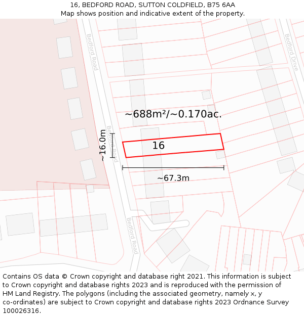 16, BEDFORD ROAD, SUTTON COLDFIELD, B75 6AA: Plot and title map