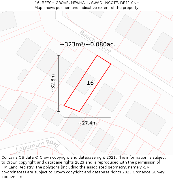 16, BEECH GROVE, NEWHALL, SWADLINCOTE, DE11 0NH: Plot and title map