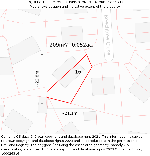 16, BEECHTREE CLOSE, RUSKINGTON, SLEAFORD, NG34 9TR: Plot and title map