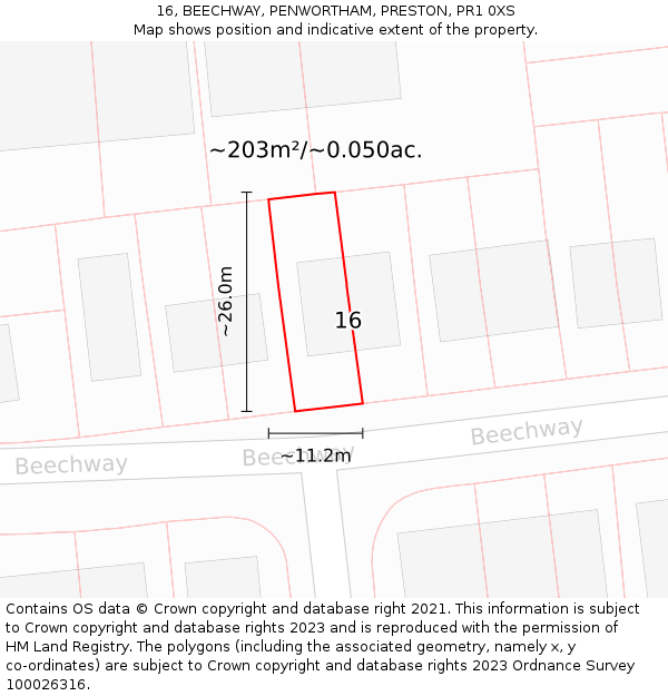 16, BEECHWAY, PENWORTHAM, PRESTON, PR1 0XS: Plot and title map