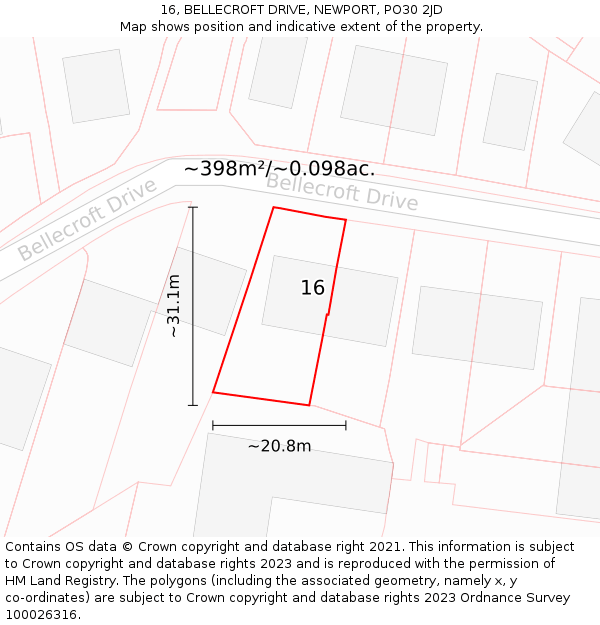 16, BELLECROFT DRIVE, NEWPORT, PO30 2JD: Plot and title map