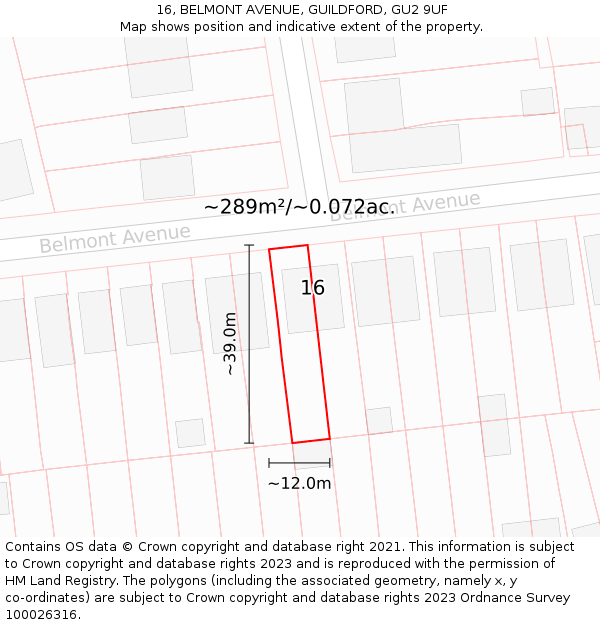 16, BELMONT AVENUE, GUILDFORD, GU2 9UF: Plot and title map