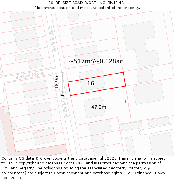 16, BELSIZE ROAD, WORTHING, BN11 4RH: Plot and title map