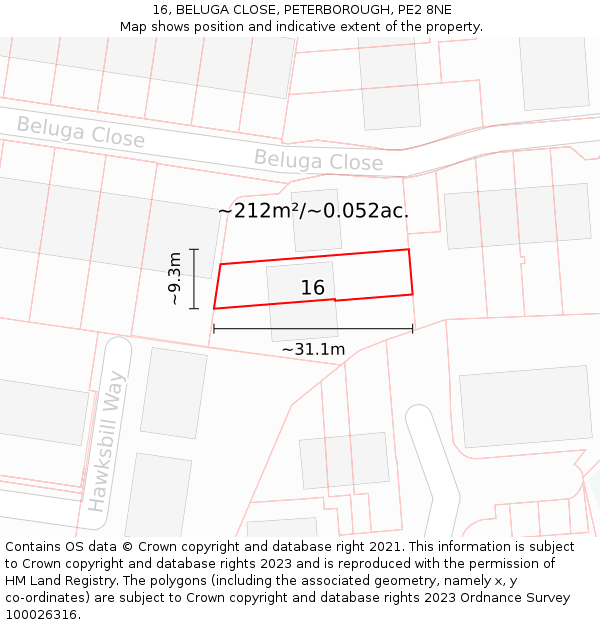 16, BELUGA CLOSE, PETERBOROUGH, PE2 8NE: Plot and title map