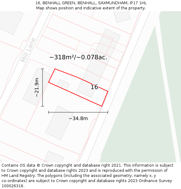 16, BENHALL GREEN, BENHALL, SAXMUNDHAM, IP17 1HL: Plot and title map