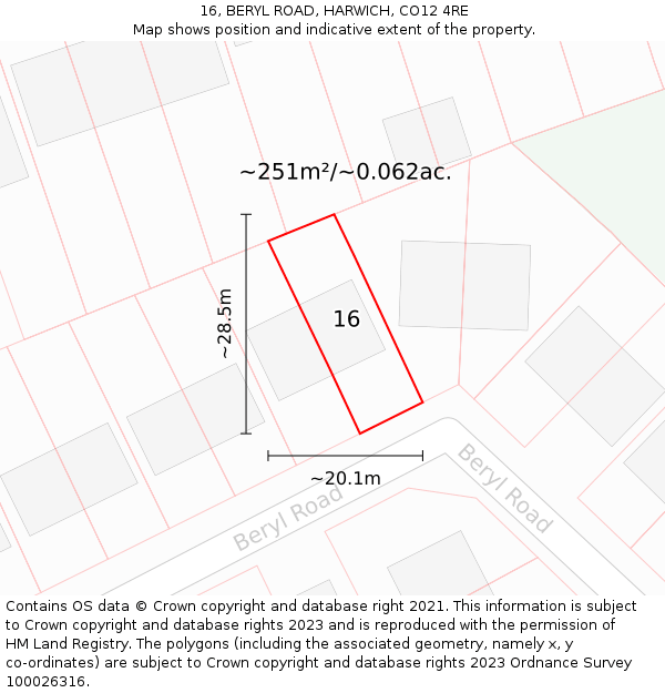 16, BERYL ROAD, HARWICH, CO12 4RE: Plot and title map