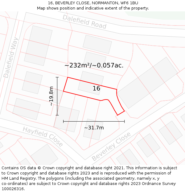 16, BEVERLEY CLOSE, NORMANTON, WF6 1BU: Plot and title map