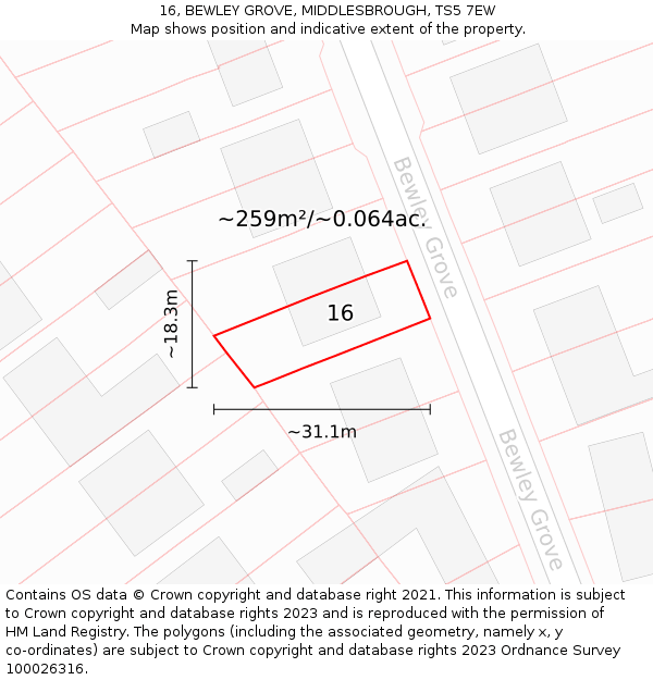 16, BEWLEY GROVE, MIDDLESBROUGH, TS5 7EW: Plot and title map