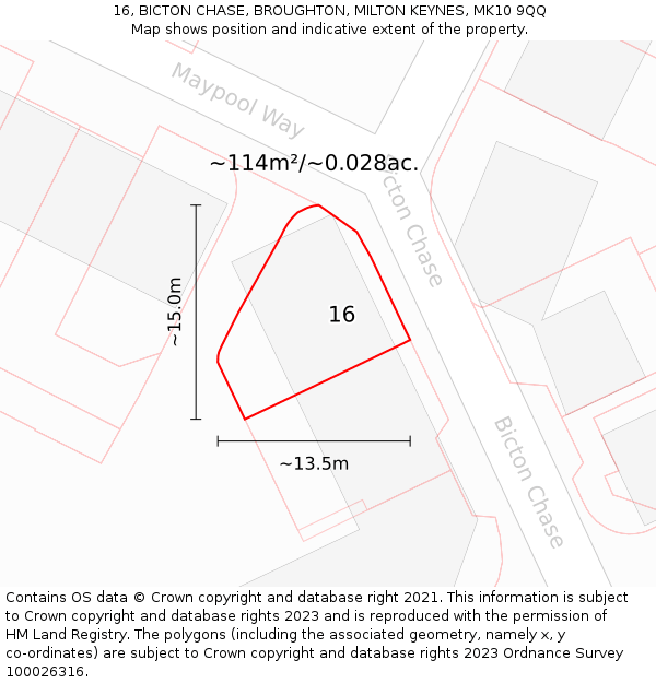 16, BICTON CHASE, BROUGHTON, MILTON KEYNES, MK10 9QQ: Plot and title map