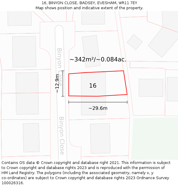 16, BINYON CLOSE, BADSEY, EVESHAM, WR11 7EY: Plot and title map