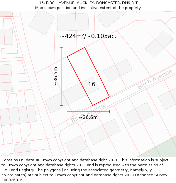 16, BIRCH AVENUE, AUCKLEY, DONCASTER, DN9 3LT: Plot and title map