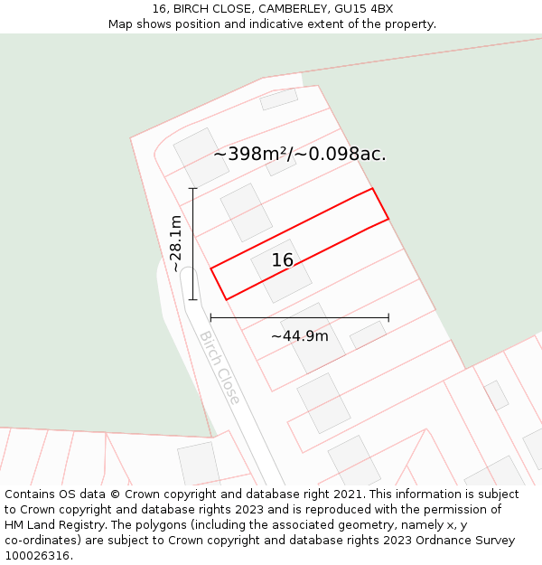 16, BIRCH CLOSE, CAMBERLEY, GU15 4BX: Plot and title map