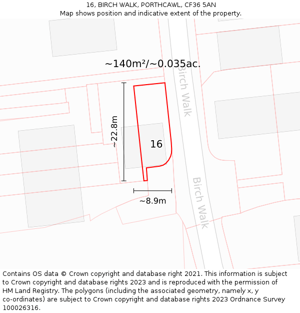 16, BIRCH WALK, PORTHCAWL, CF36 5AN: Plot and title map