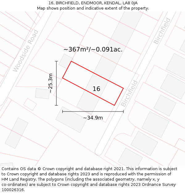 16, BIRCHFIELD, ENDMOOR, KENDAL, LA8 0JA: Plot and title map