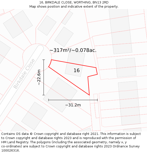 16, BIRKDALE CLOSE, WORTHING, BN13 2RD: Plot and title map