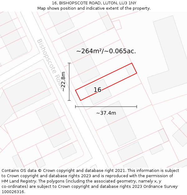 16, BISHOPSCOTE ROAD, LUTON, LU3 1NY: Plot and title map