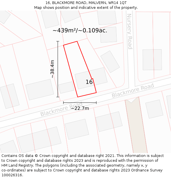 16, BLACKMORE ROAD, MALVERN, WR14 1QT: Plot and title map