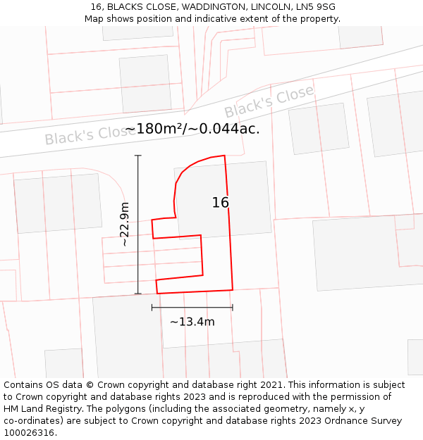 16, BLACKS CLOSE, WADDINGTON, LINCOLN, LN5 9SG: Plot and title map