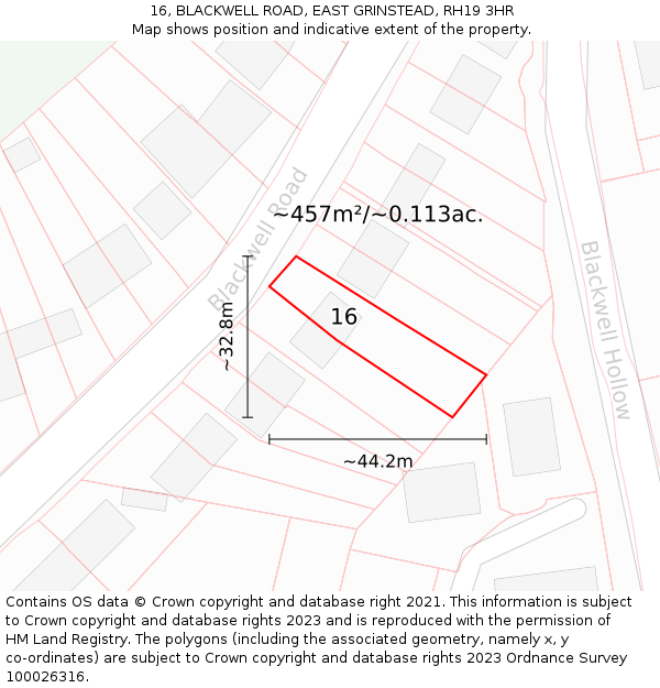 16, BLACKWELL ROAD, EAST GRINSTEAD, RH19 3HR: Plot and title map