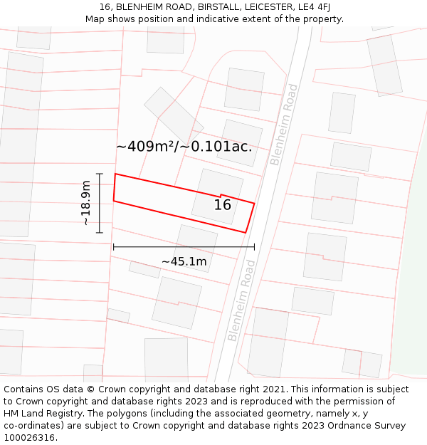 16, BLENHEIM ROAD, BIRSTALL, LEICESTER, LE4 4FJ: Plot and title map