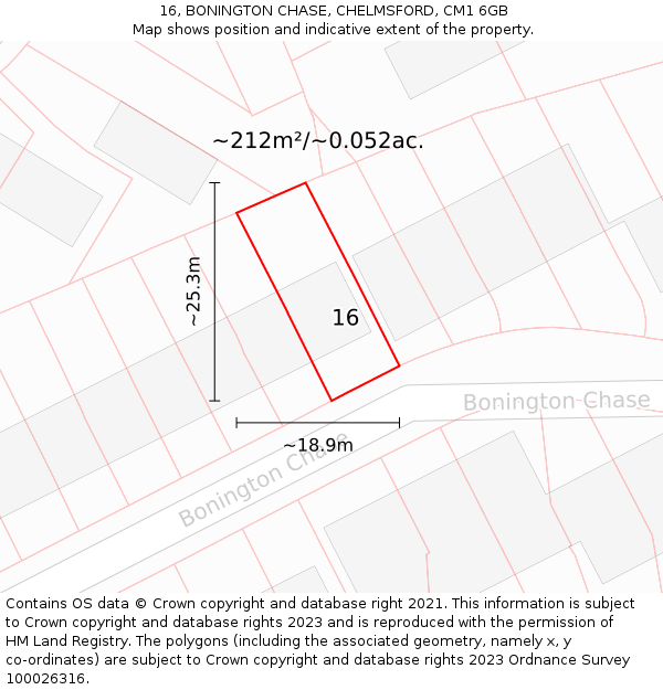 16, BONINGTON CHASE, CHELMSFORD, CM1 6GB: Plot and title map