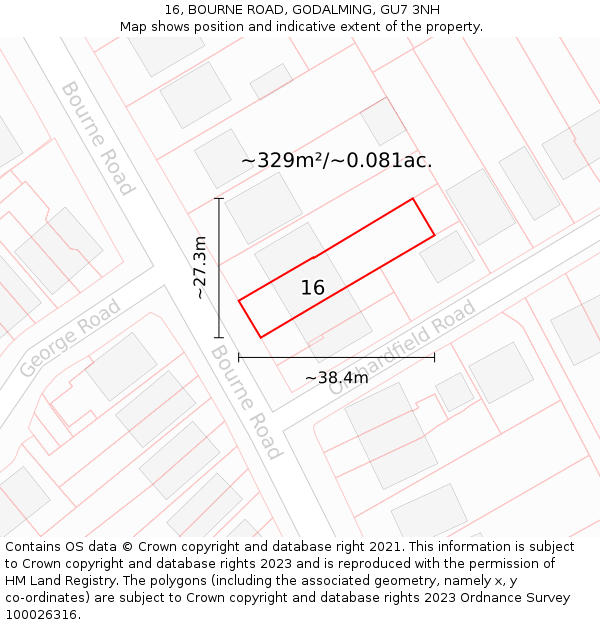 16, BOURNE ROAD, GODALMING, GU7 3NH: Plot and title map