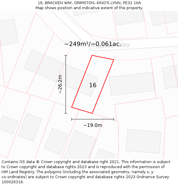 16, BRACKEN WAY, GRIMSTON, KING'S LYNN, PE32 1XA: Plot and title map