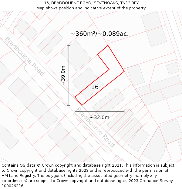 16, BRADBOURNE ROAD, SEVENOAKS, TN13 3PY: Plot and title map