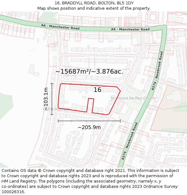 16, BRADDYLL ROAD, BOLTON, BL5 1DY: Plot and title map