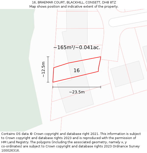 16, BRAEMAR COURT, BLACKHILL, CONSETT, DH8 8TZ: Plot and title map