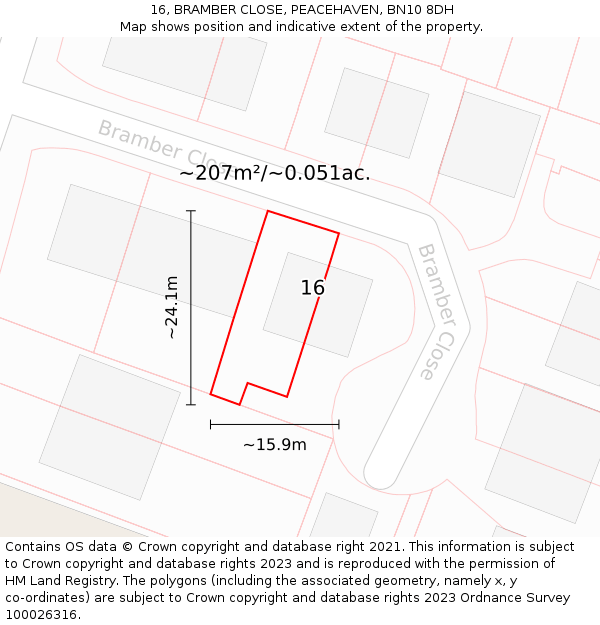 16, BRAMBER CLOSE, PEACEHAVEN, BN10 8DH: Plot and title map