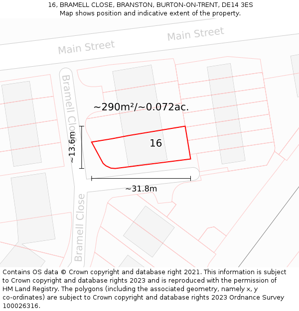 16, BRAMELL CLOSE, BRANSTON, BURTON-ON-TRENT, DE14 3ES: Plot and title map