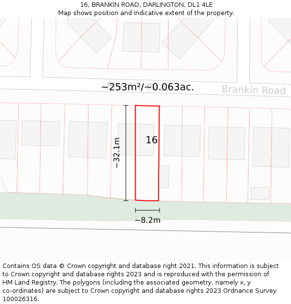 16, BRANKIN ROAD, DARLINGTON, DL1 4LE: Plot and title map