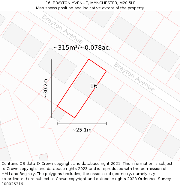 16, BRAYTON AVENUE, MANCHESTER, M20 5LP: Plot and title map