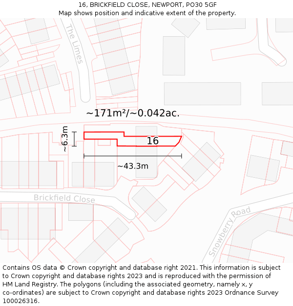 16, BRICKFIELD CLOSE, NEWPORT, PO30 5GF: Plot and title map