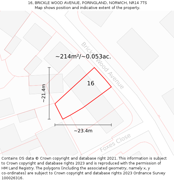 16, BRICKLE WOOD AVENUE, PORINGLAND, NORWICH, NR14 7TS: Plot and title map