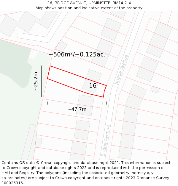 16, BRIDGE AVENUE, UPMINSTER, RM14 2LX: Plot and title map