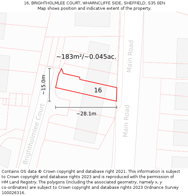 16, BRIGHTHOLMLEE COURT, WHARNCLIFFE SIDE, SHEFFIELD, S35 0EN: Plot and title map