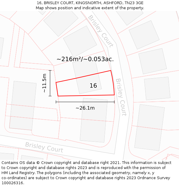 16, BRISLEY COURT, KINGSNORTH, ASHFORD, TN23 3GE: Plot and title map