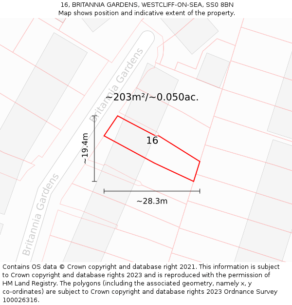 16, BRITANNIA GARDENS, WESTCLIFF-ON-SEA, SS0 8BN: Plot and title map